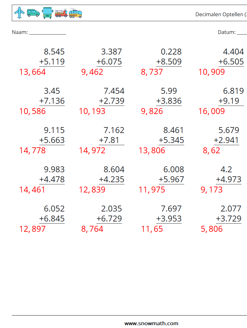 (25) Decimalen Optellen (3 cijfers) Wiskundige werkbladen 12 Vraag, Antwoord
