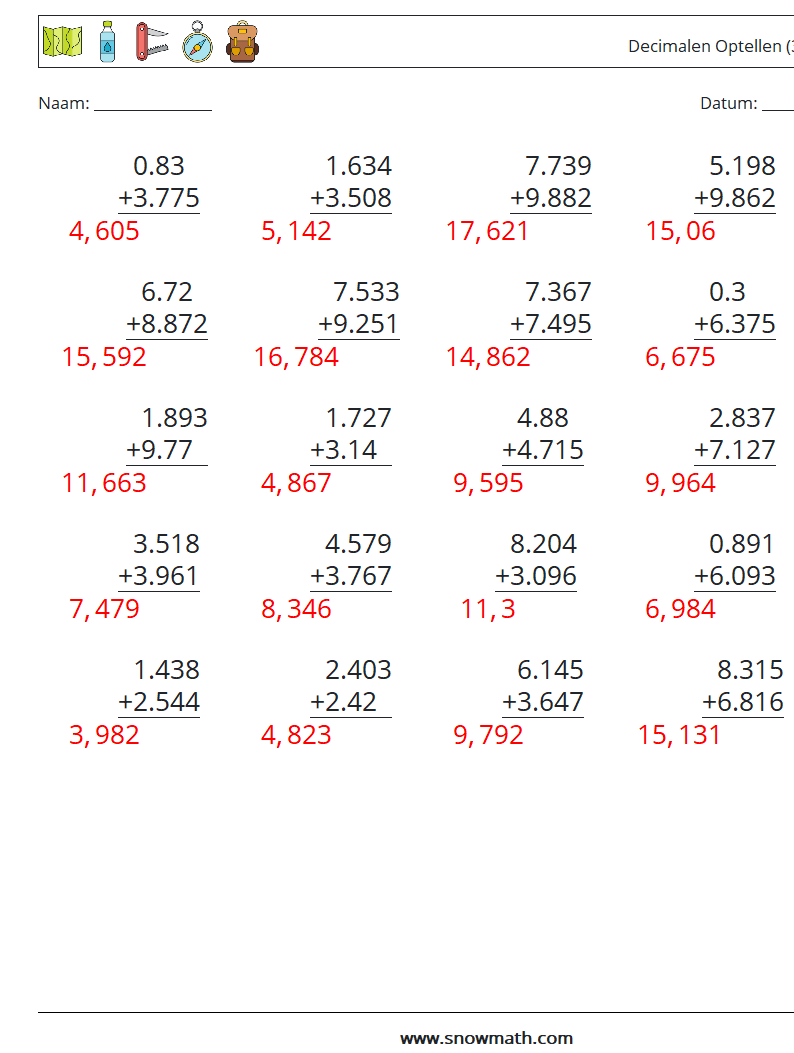 (25) Decimalen Optellen (3 cijfers) Wiskundige werkbladen 13 Vraag, Antwoord