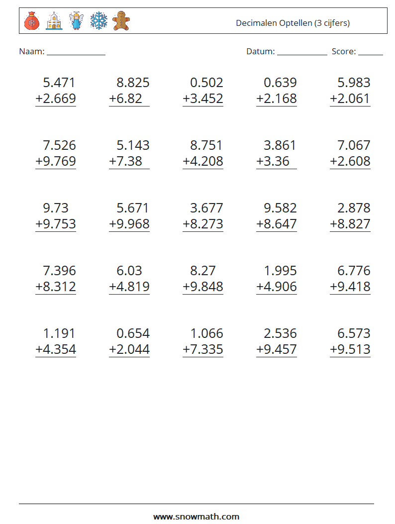 (25) Decimalen Optellen (3 cijfers) Wiskundige werkbladen 16