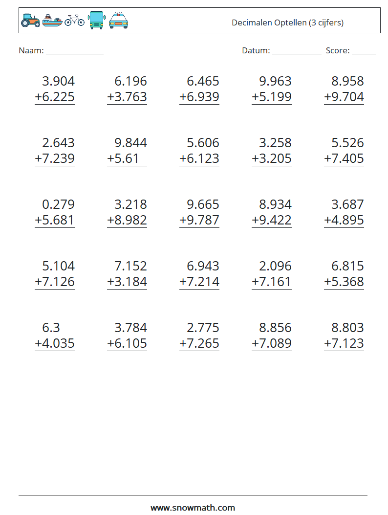 (25) Decimalen Optellen (3 cijfers) Wiskundige werkbladen 17