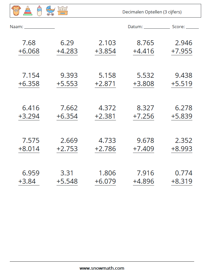 (25) Decimalen Optellen (3 cijfers) Wiskundige werkbladen 18