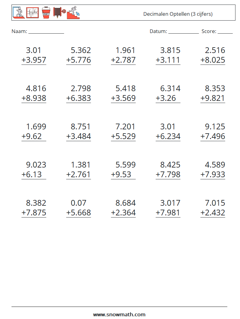 (25) Decimalen Optellen (3 cijfers) Wiskundige werkbladen 2