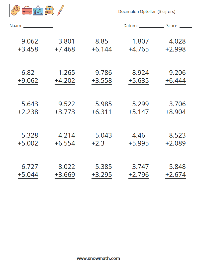 (25) Decimalen Optellen (3 cijfers) Wiskundige werkbladen 4