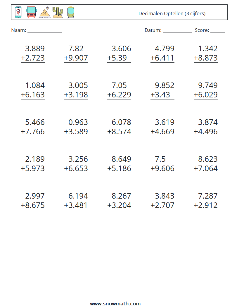 (25) Decimalen Optellen (3 cijfers) Wiskundige werkbladen 8