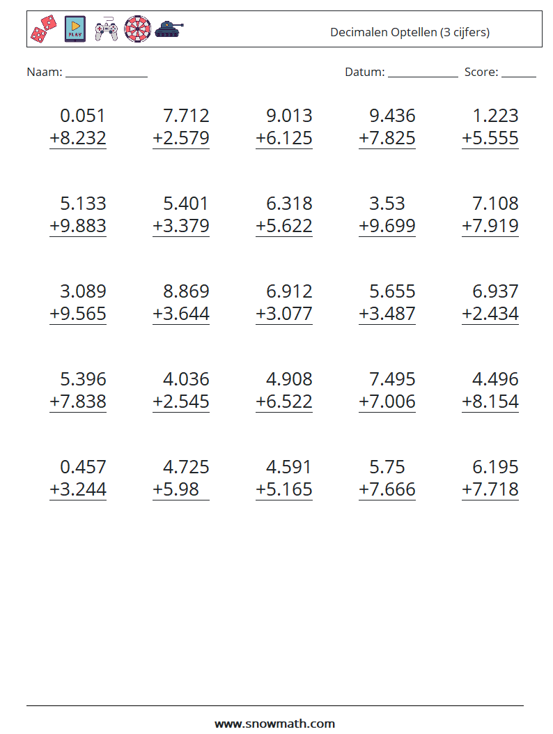 (25) Decimalen Optellen (3 cijfers) Wiskundige werkbladen 9
