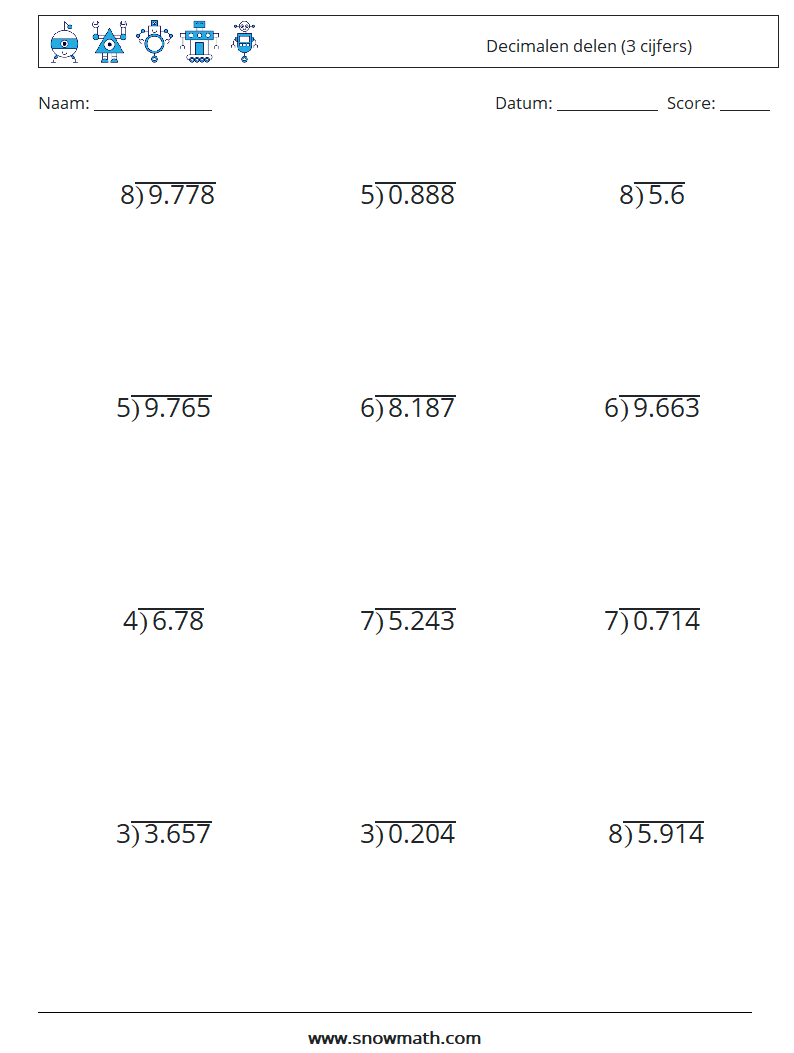 (12) Decimalen delen (3 cijfers) Wiskundige werkbladen 10