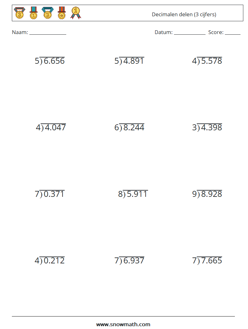 (12) Decimalen delen (3 cijfers) Wiskundige werkbladen 12