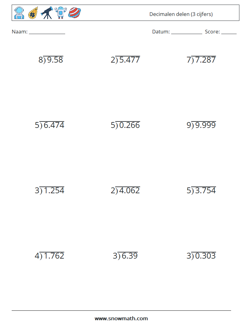 (12) Decimalen delen (3 cijfers) Wiskundige werkbladen 13