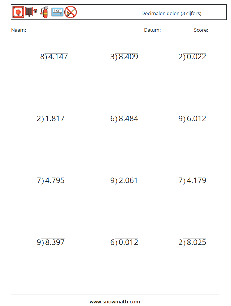 (12) Decimalen delen (3 cijfers) Wiskundige werkbladen 14