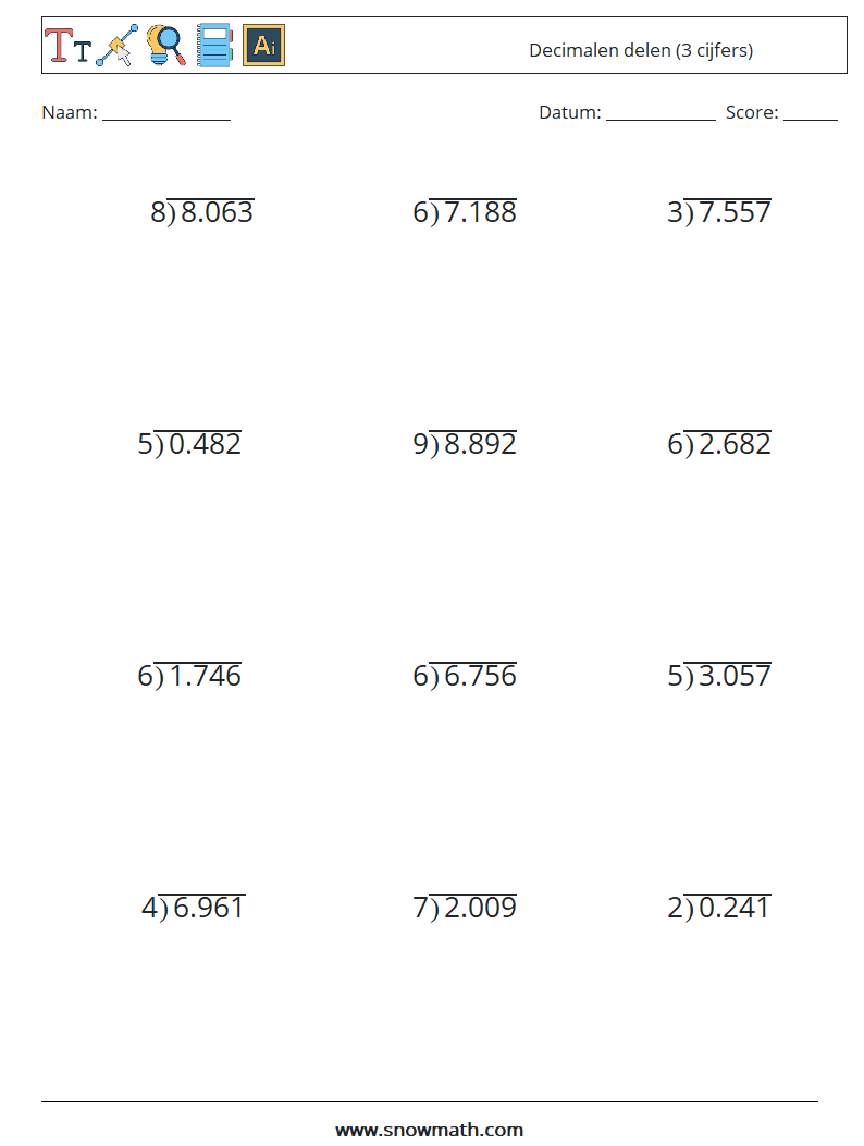 (12) Decimalen delen (3 cijfers) Wiskundige werkbladen 15