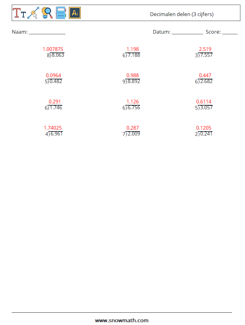 (12) Decimalen delen (3 cijfers) Wiskundige werkbladen 15 Vraag, Antwoord