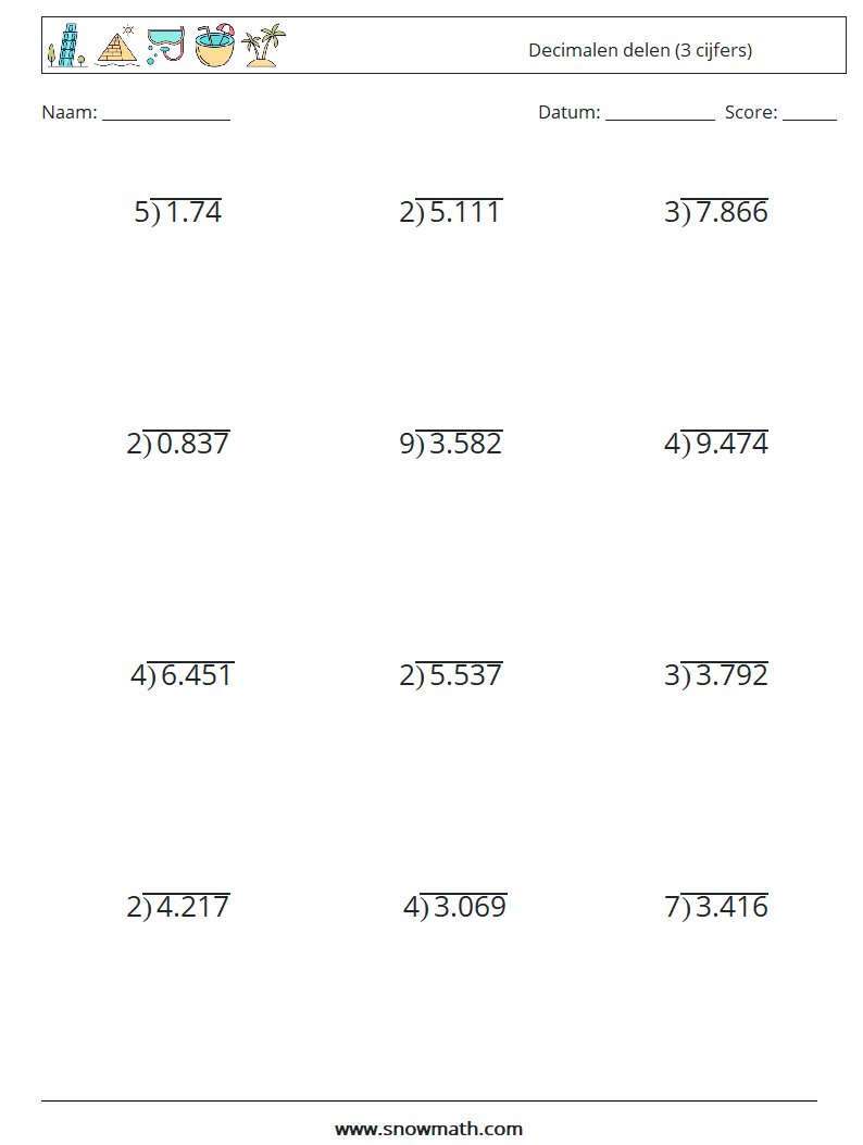 (12) Decimalen delen (3 cijfers) Wiskundige werkbladen 17