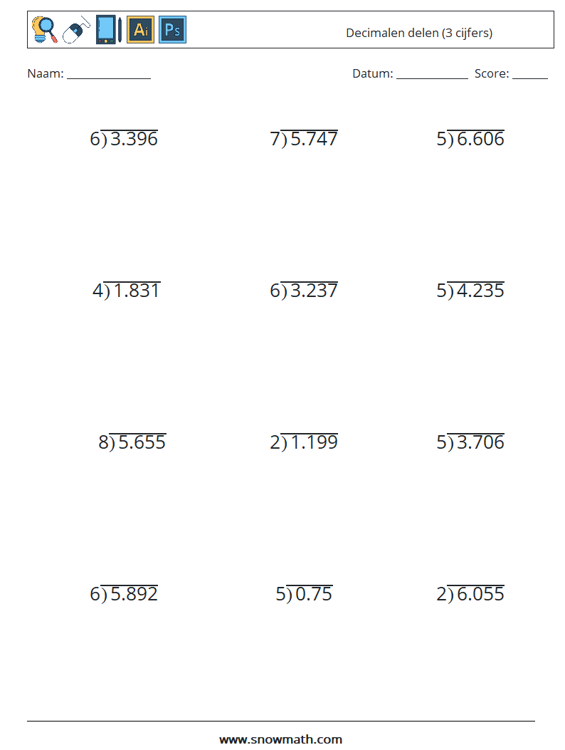 (12) Decimalen delen (3 cijfers) Wiskundige werkbladen 18