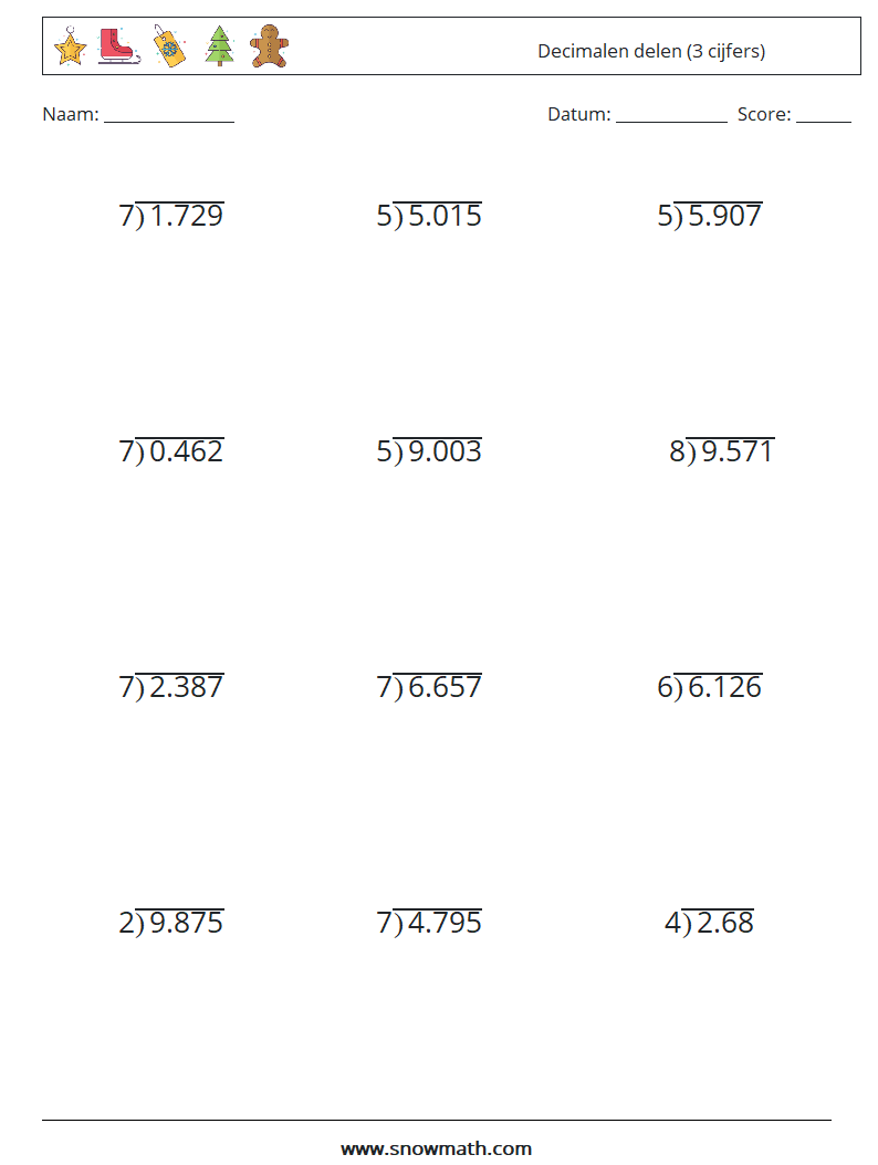(12) Decimalen delen (3 cijfers) Wiskundige werkbladen 2