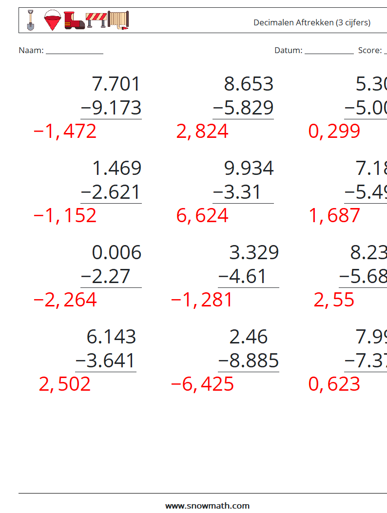 (12) Decimalen Aftrekken (3 cijfers) Wiskundige werkbladen 10 Vraag, Antwoord