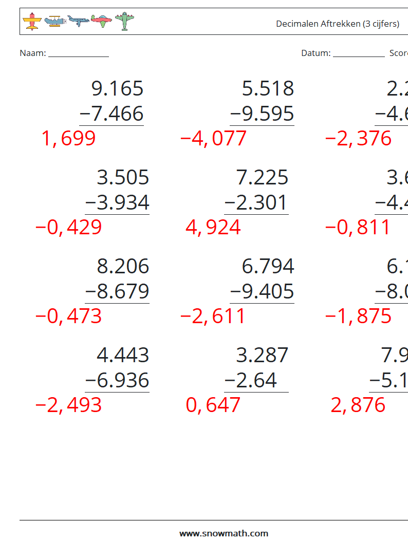(12) Decimalen Aftrekken (3 cijfers) Wiskundige werkbladen 12 Vraag, Antwoord