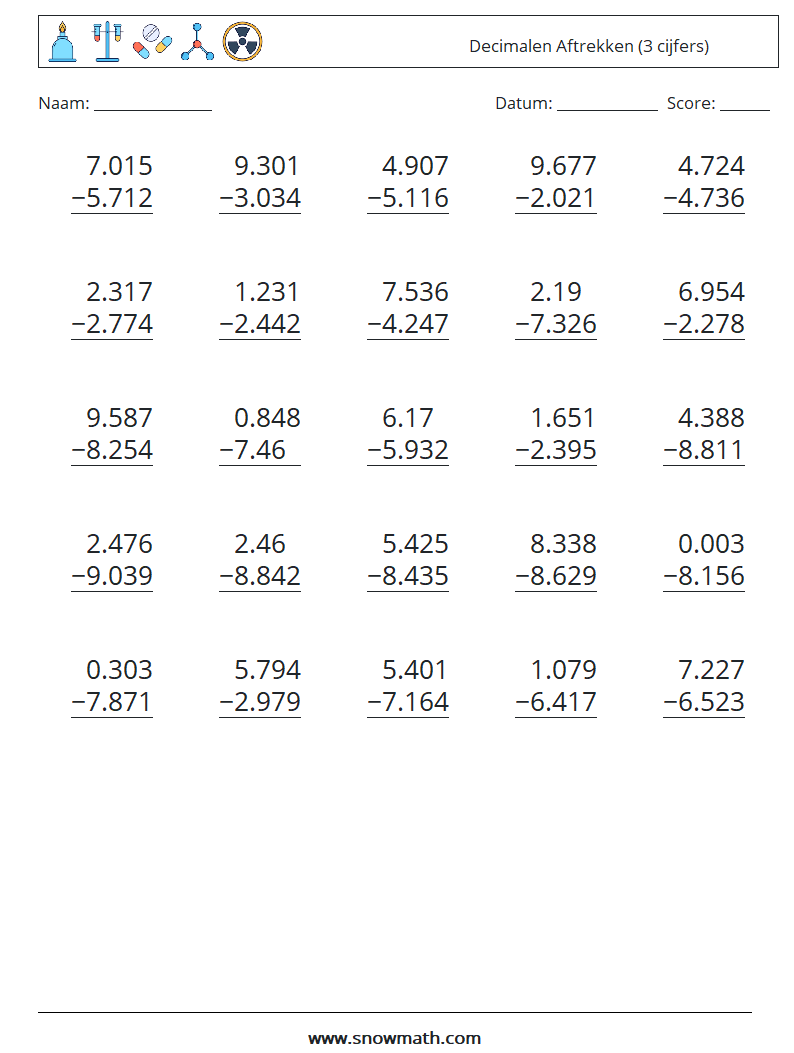 (25) Decimalen Aftrekken (3 cijfers) Wiskundige werkbladen 10