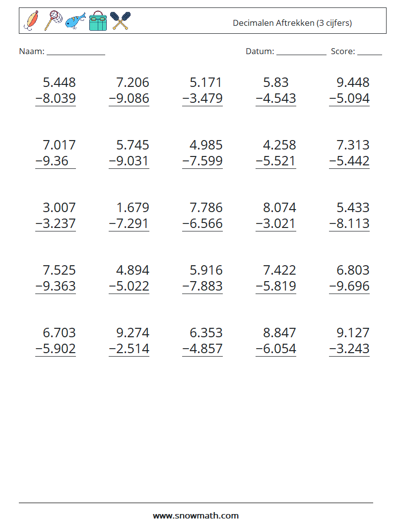 (25) Decimalen Aftrekken (3 cijfers) Wiskundige werkbladen 11
