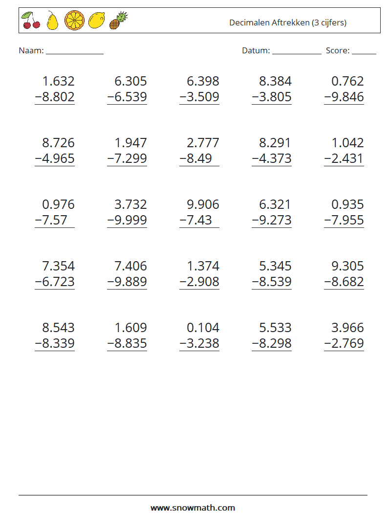 (25) Decimalen Aftrekken (3 cijfers) Wiskundige werkbladen 12