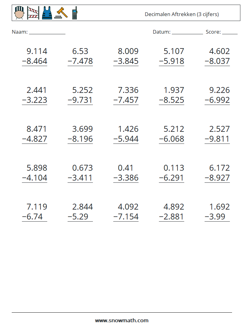 (25) Decimalen Aftrekken (3 cijfers) Wiskundige werkbladen 13