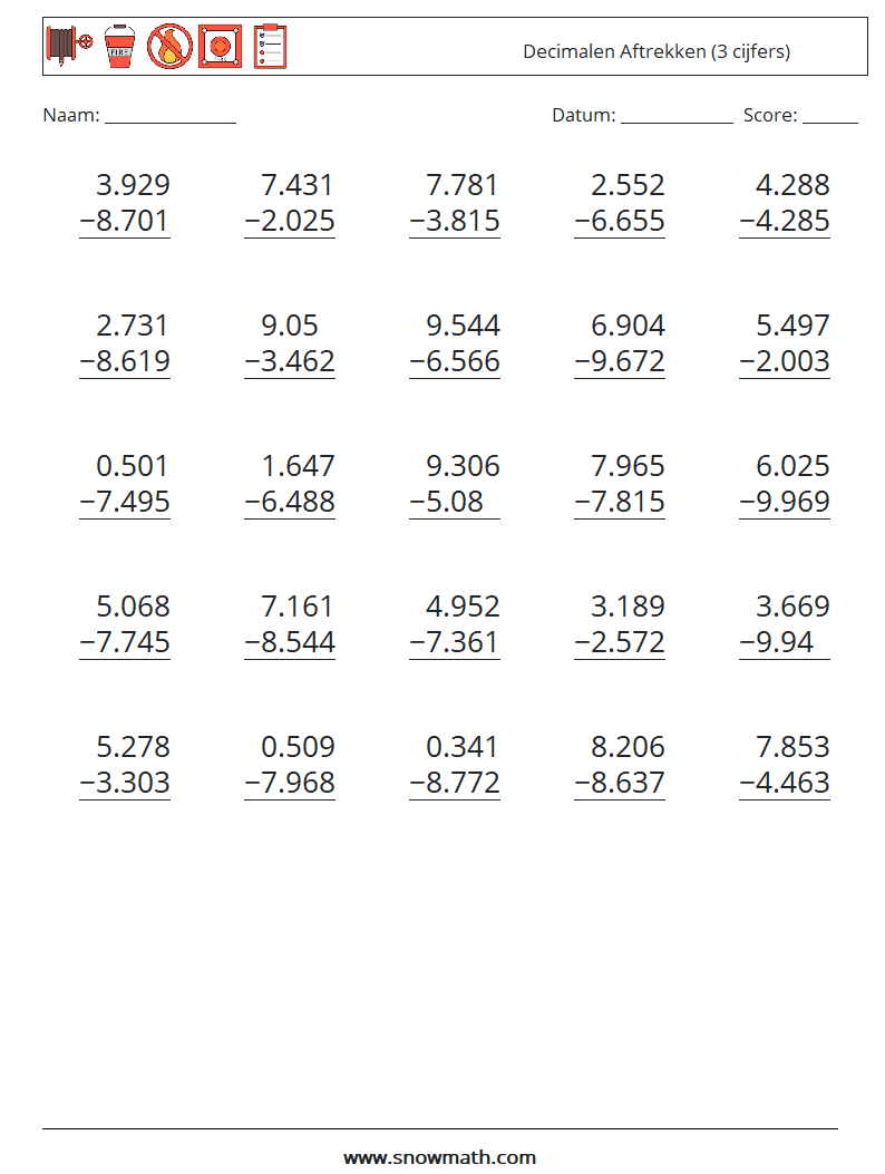 (25) Decimalen Aftrekken (3 cijfers) Wiskundige werkbladen 14