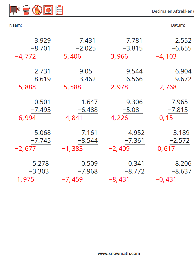 (25) Decimalen Aftrekken (3 cijfers) Wiskundige werkbladen 14 Vraag, Antwoord
