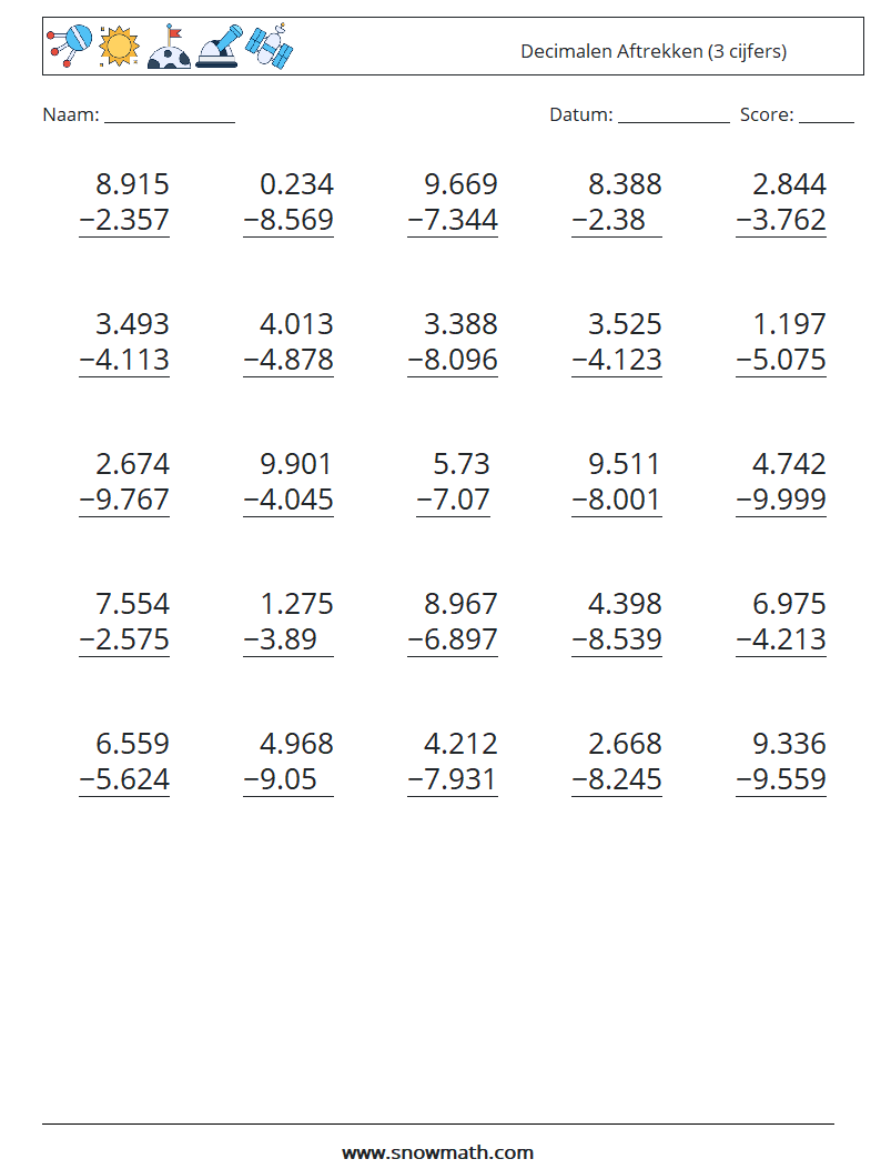 (25) Decimalen Aftrekken (3 cijfers) Wiskundige werkbladen 15