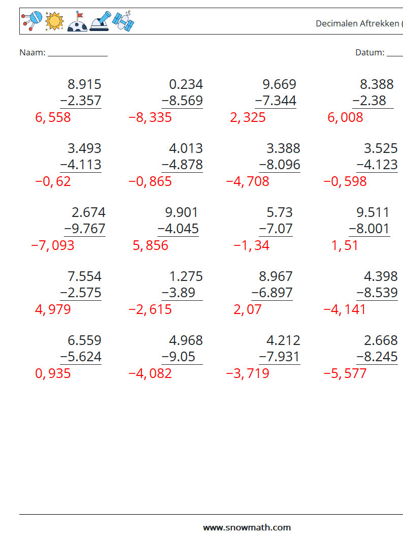 (25) Decimalen Aftrekken (3 cijfers) Wiskundige werkbladen 15 Vraag, Antwoord