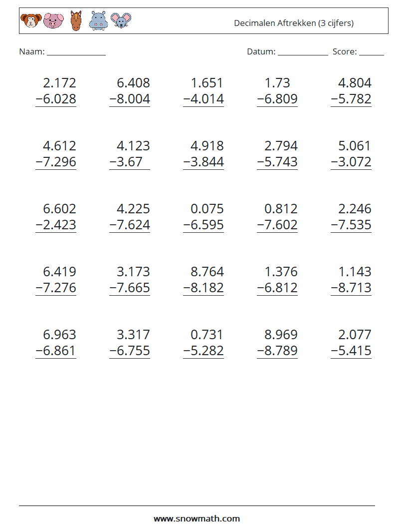(25) Decimalen Aftrekken (3 cijfers) Wiskundige werkbladen 18