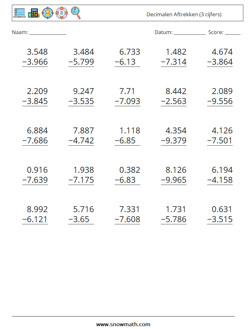 (25) Decimalen Aftrekken (3 cijfers) Wiskundige werkbladen 2