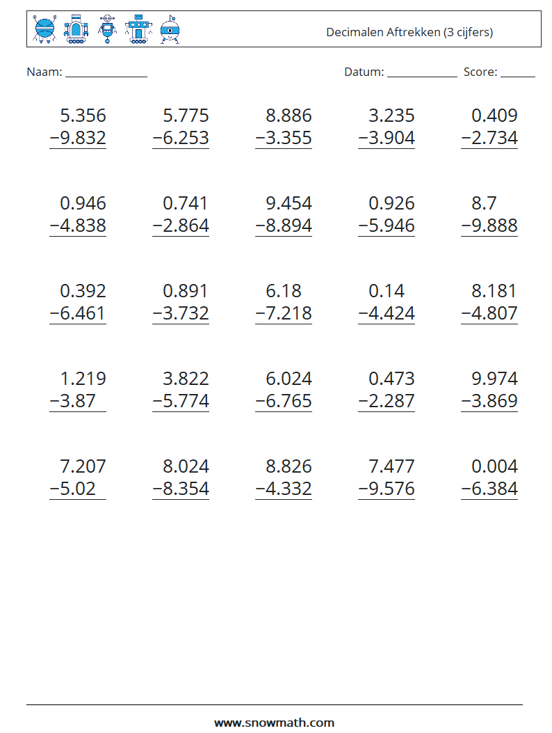 (25) Decimalen Aftrekken (3 cijfers) Wiskundige werkbladen 3