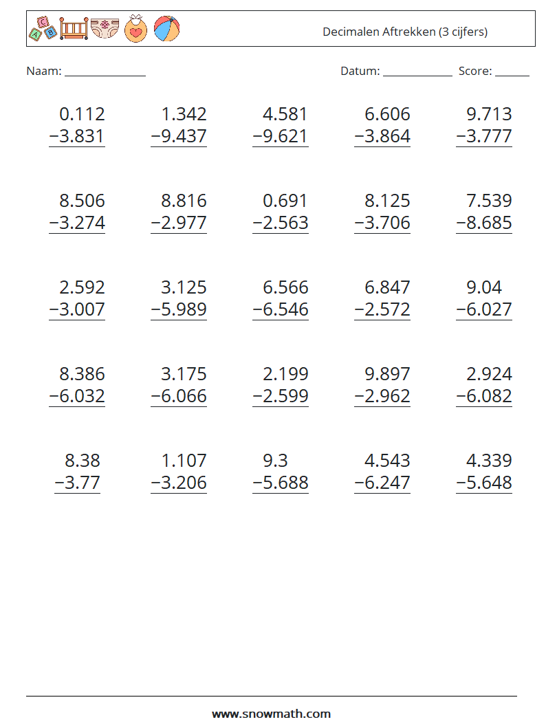 (25) Decimalen Aftrekken (3 cijfers) Wiskundige werkbladen 4