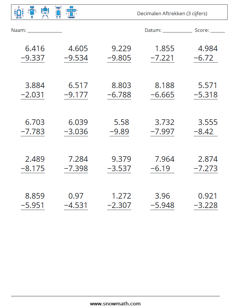 (25) Decimalen Aftrekken (3 cijfers) Wiskundige werkbladen 5