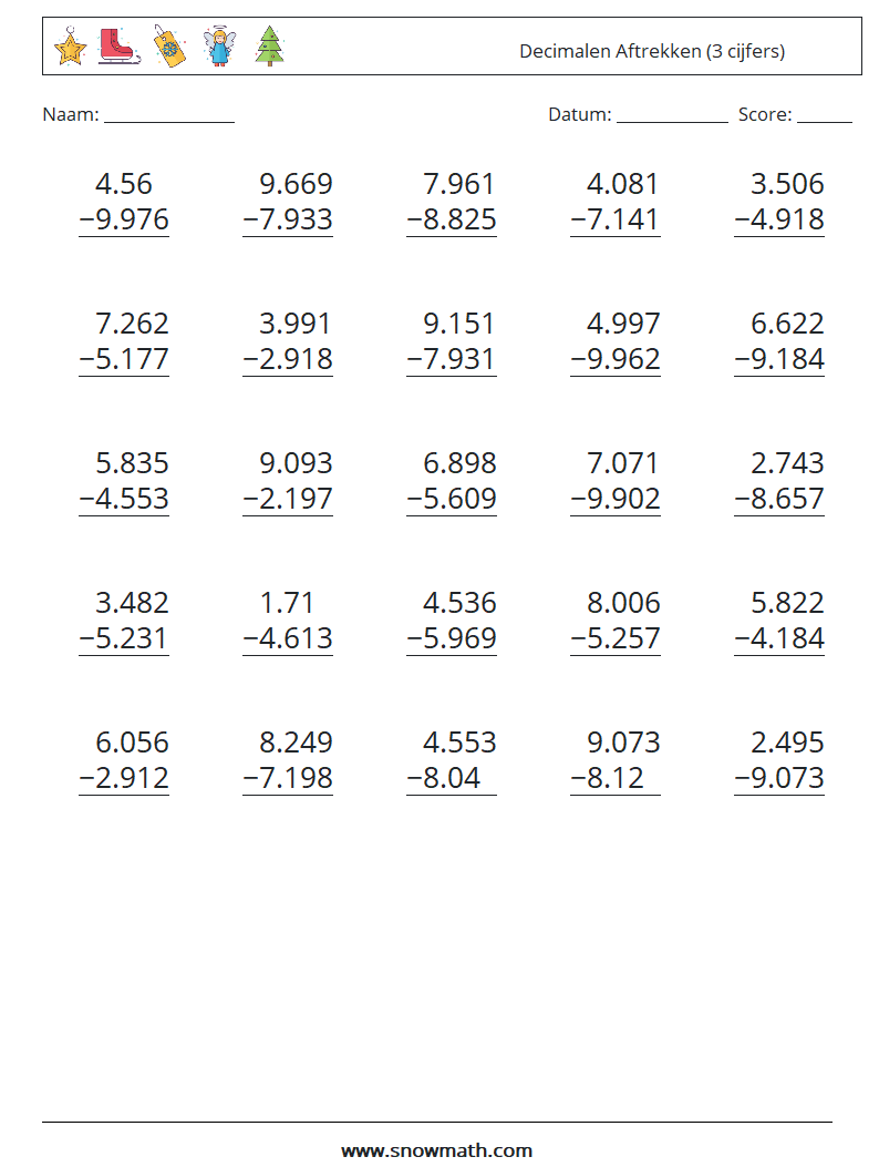 (25) Decimalen Aftrekken (3 cijfers) Wiskundige werkbladen 6