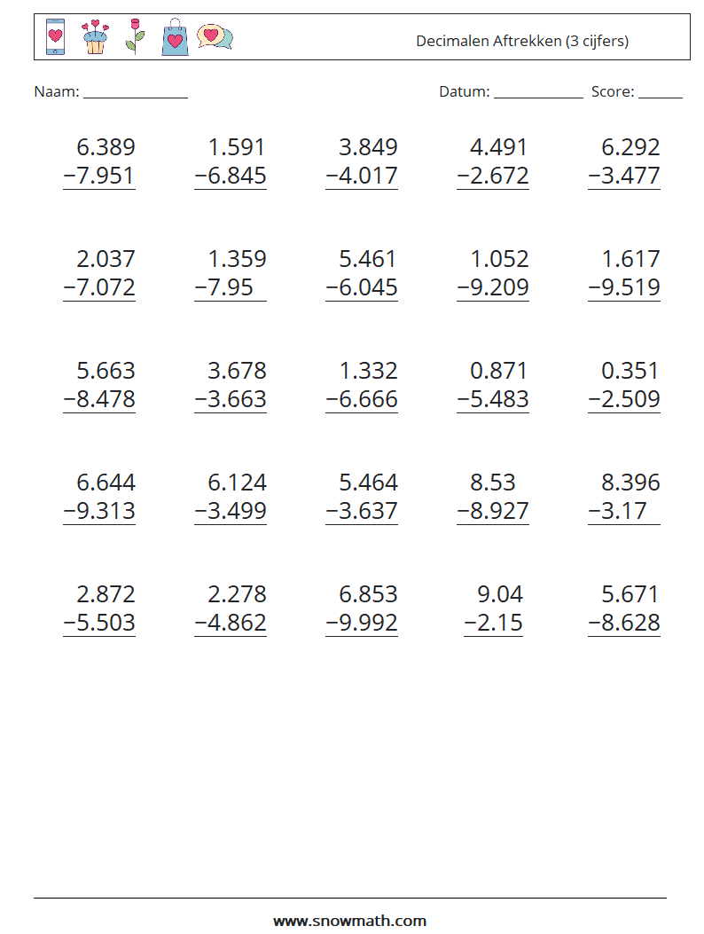 (25) Decimalen Aftrekken (3 cijfers) Wiskundige werkbladen 7