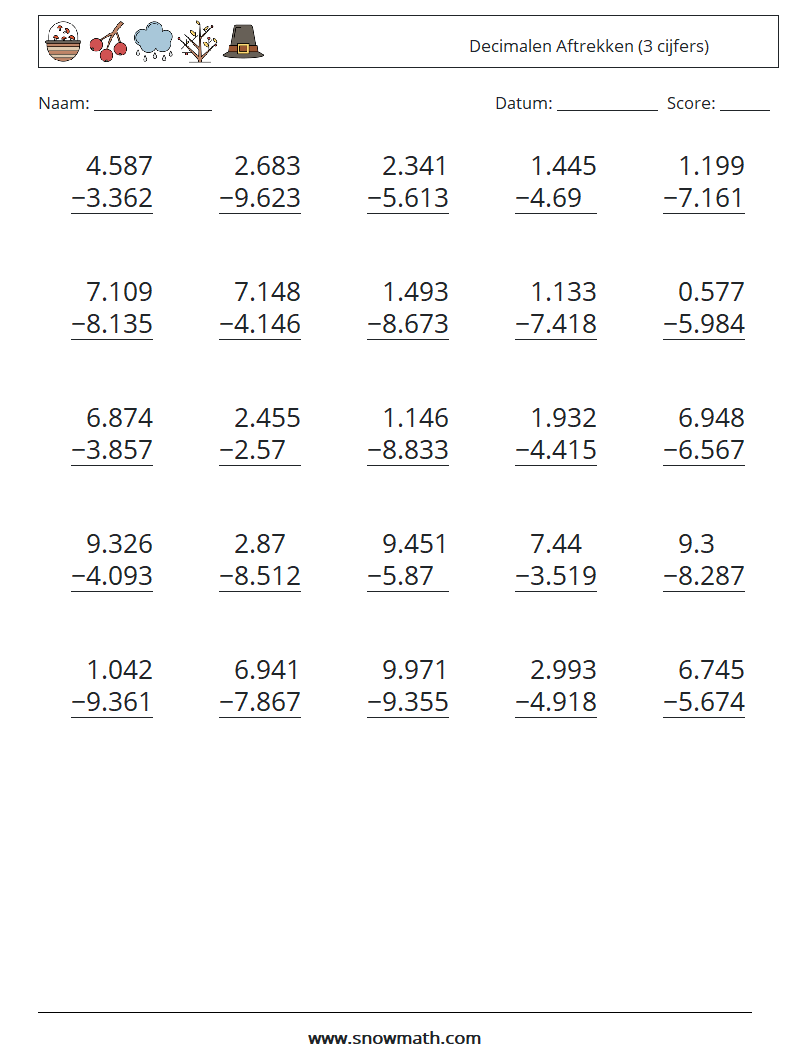 (25) Decimalen Aftrekken (3 cijfers) Wiskundige werkbladen 8