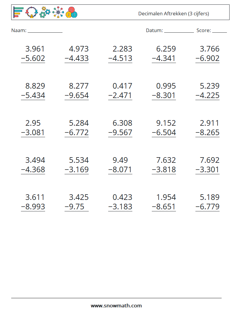 (25) Decimalen Aftrekken (3 cijfers) Wiskundige werkbladen 9