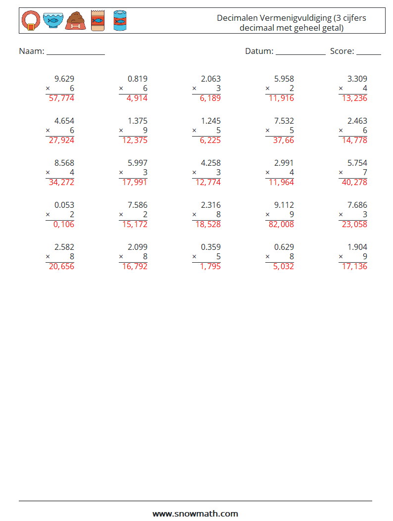 (25) Decimalen Vermenigvuldiging (3 cijfers decimaal met geheel getal) Wiskundige werkbladen 13 Vraag, Antwoord