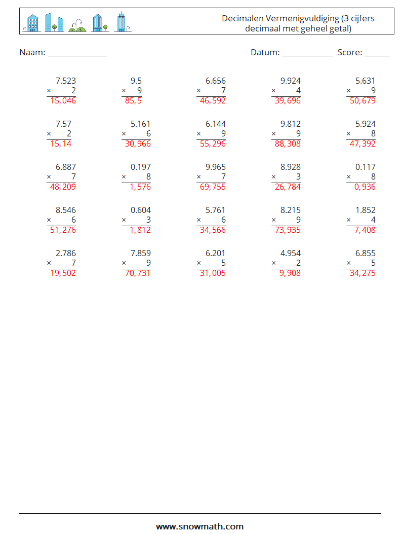 (25) Decimalen Vermenigvuldiging (3 cijfers decimaal met geheel getal) Wiskundige werkbladen 16 Vraag, Antwoord
