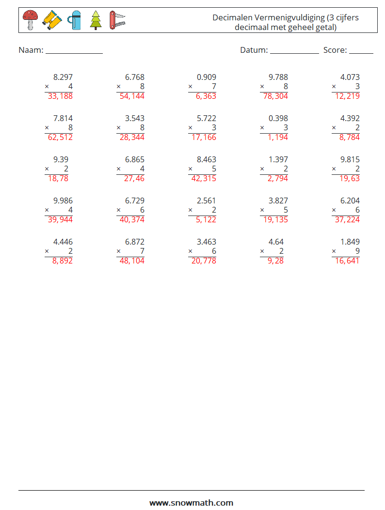 (25) Decimalen Vermenigvuldiging (3 cijfers decimaal met geheel getal) Wiskundige werkbladen 1 Vraag, Antwoord