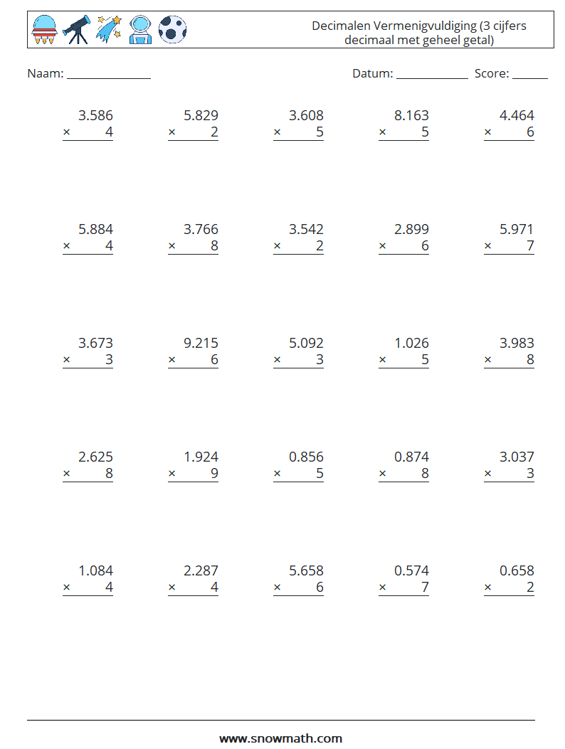 (25) Decimalen Vermenigvuldiging (3 cijfers decimaal met geheel getal) Wiskundige werkbladen 2