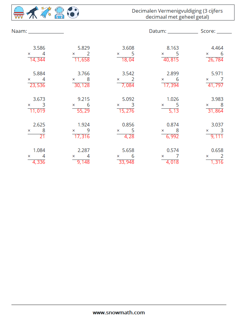 (25) Decimalen Vermenigvuldiging (3 cijfers decimaal met geheel getal) Wiskundige werkbladen 2 Vraag, Antwoord