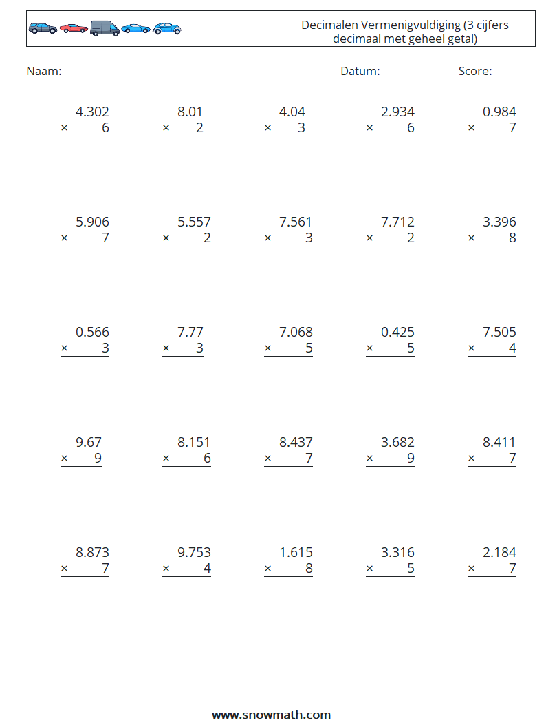 (25) Decimalen Vermenigvuldiging (3 cijfers decimaal met geheel getal) Wiskundige werkbladen 3