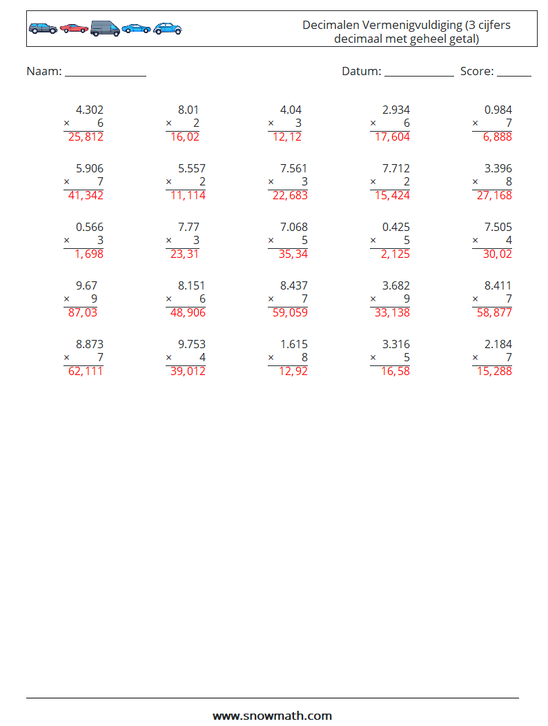 (25) Decimalen Vermenigvuldiging (3 cijfers decimaal met geheel getal) Wiskundige werkbladen 3 Vraag, Antwoord