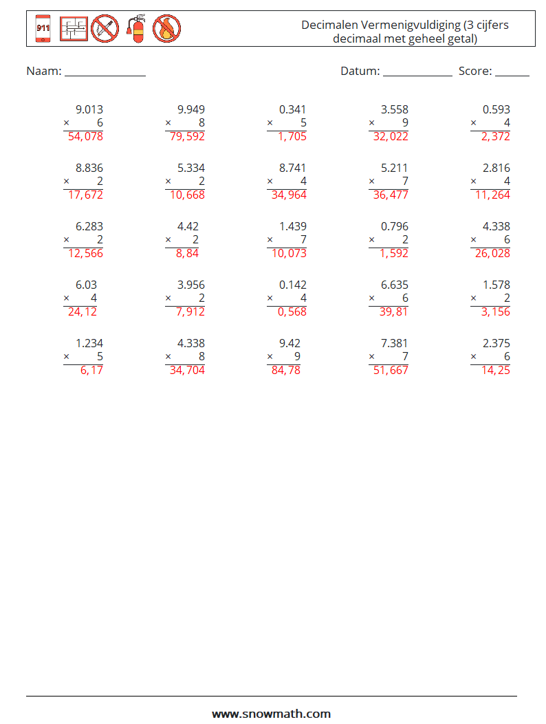 (25) Decimalen Vermenigvuldiging (3 cijfers decimaal met geheel getal) Wiskundige werkbladen 4 Vraag, Antwoord
