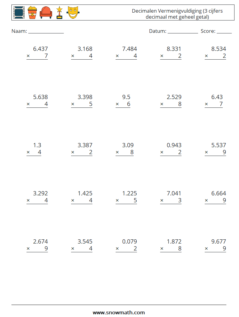 (25) Decimalen Vermenigvuldiging (3 cijfers decimaal met geheel getal) Wiskundige werkbladen 5