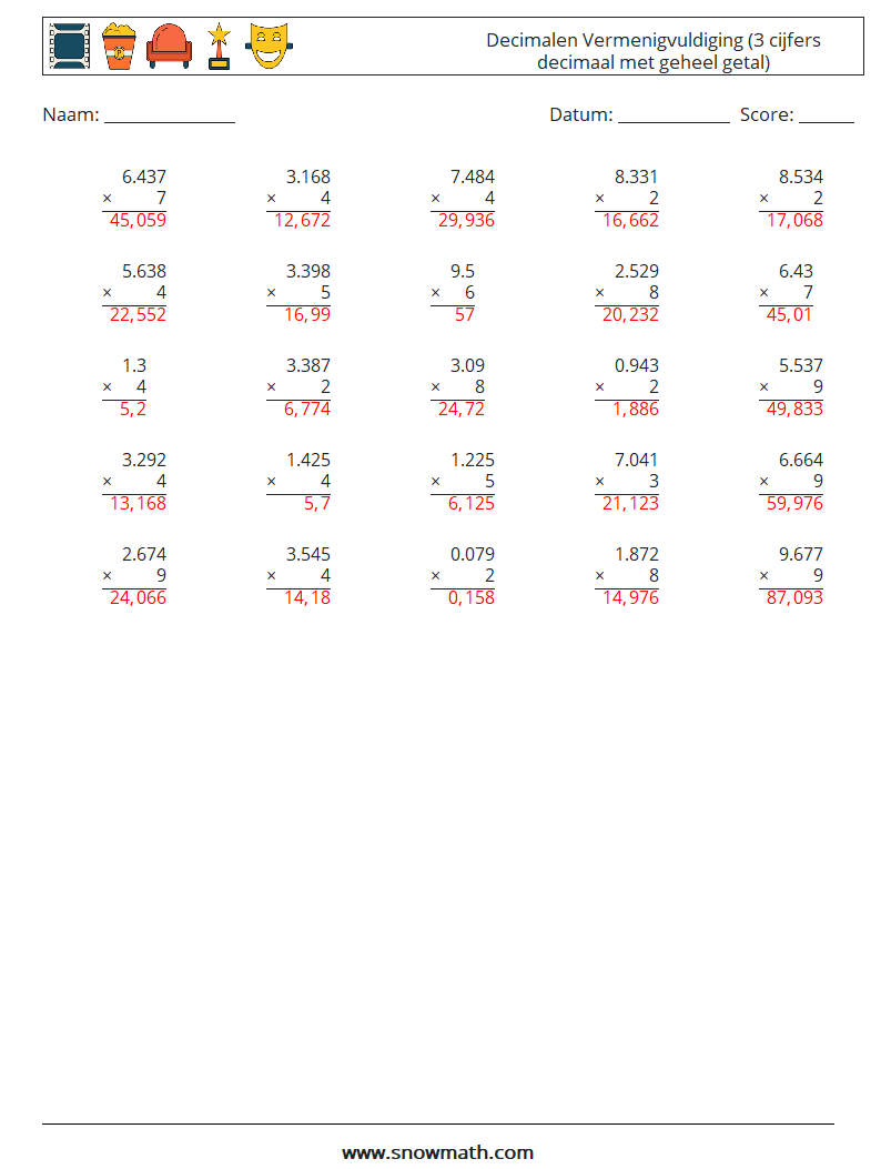 (25) Decimalen Vermenigvuldiging (3 cijfers decimaal met geheel getal) Wiskundige werkbladen 5 Vraag, Antwoord