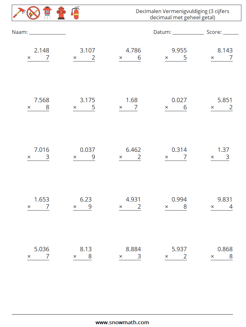 (25) Decimalen Vermenigvuldiging (3 cijfers decimaal met geheel getal) Wiskundige werkbladen 6