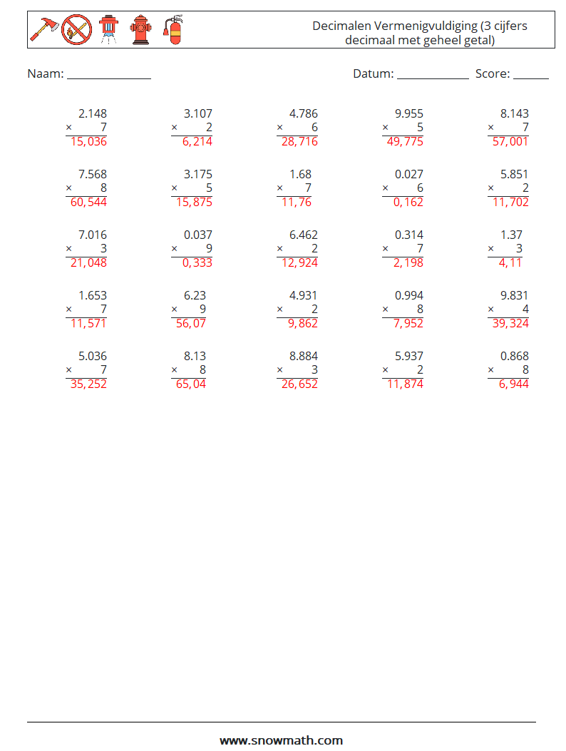 (25) Decimalen Vermenigvuldiging (3 cijfers decimaal met geheel getal) Wiskundige werkbladen 6 Vraag, Antwoord