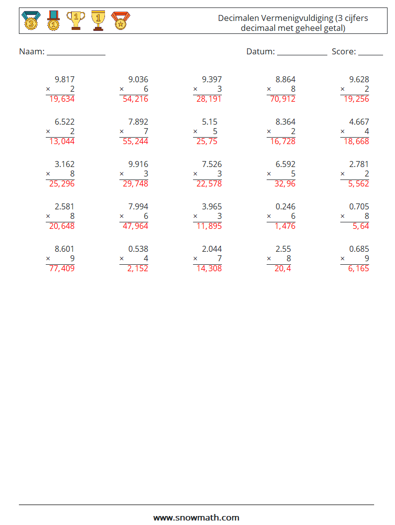 (25) Decimalen Vermenigvuldiging (3 cijfers decimaal met geheel getal) Wiskundige werkbladen 7 Vraag, Antwoord